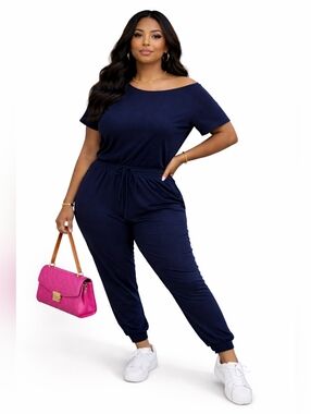 Plus Size Navy Jumpsuit Wide Neck Elastic Waist Soft Comfy Fit